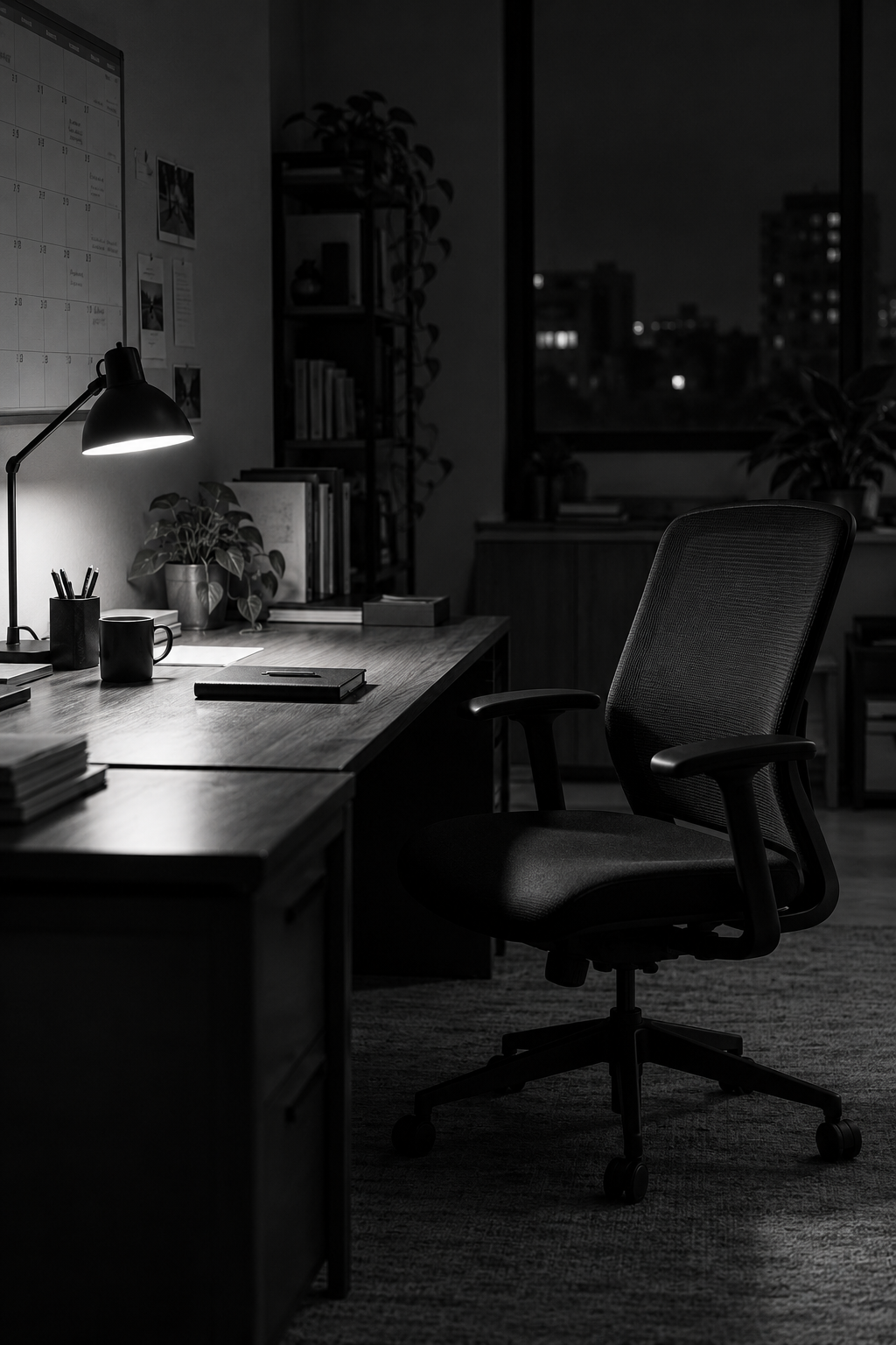 An empty office chair pulled away from a desk at night, beside a wall calendar.